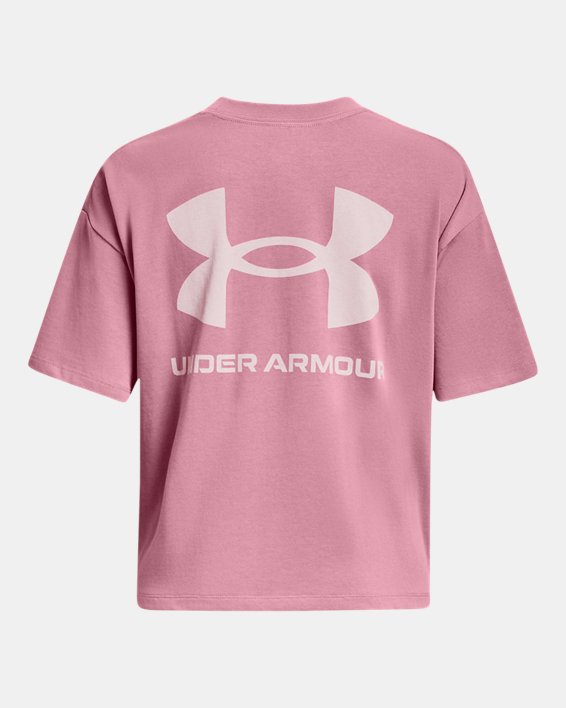 เสื้อแขนสั้นมีน้ำหนักทรงโอเวอร์ไซส์ UA Logo LC สำหรับผู้หญิง in Pink image number 8